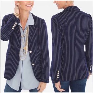 CHICO’S PETITE PINSTRIPE BLAZER NAVY BLUE & WHITE WITH PEARL BUTTONS. 8/10‎